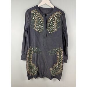 Antik Batik Beaded Alice Djellabah Chambray Shirt Dress Sz 40 M 8 Bohemian Artsy